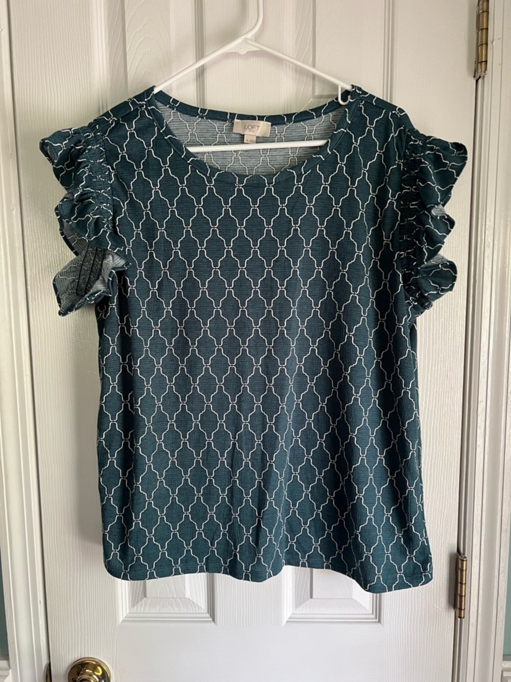 LOFT Teal Patterned Ruffle Sleeve Blouse